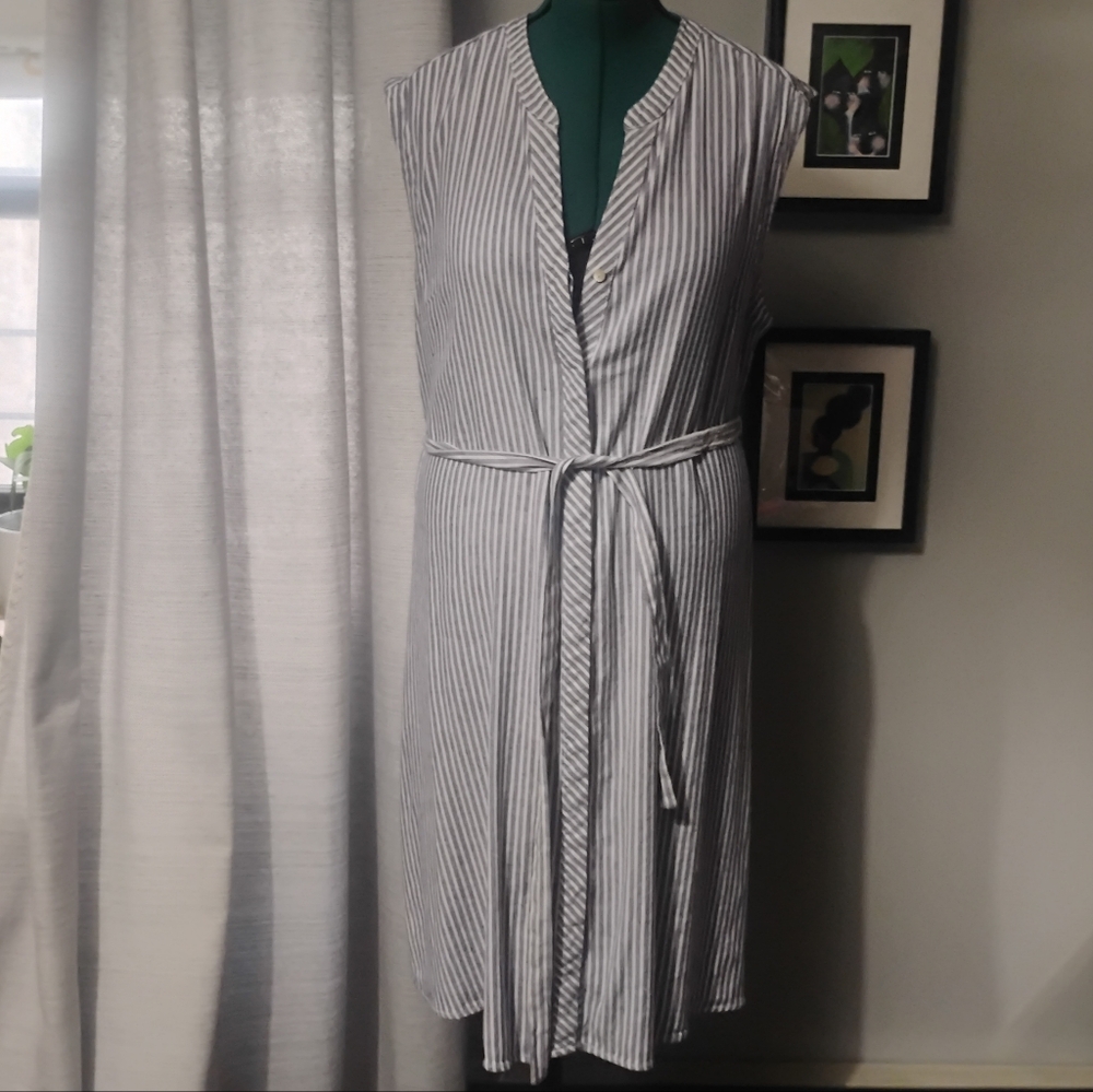 Tahari Sleeveless Linen Blend Striped Dress in Slate Blue-Gray & White Sz 14